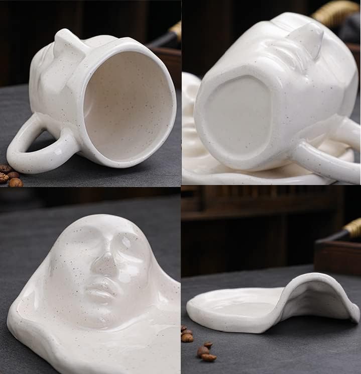 Juego de tazas de besos Taza de cerámica de cara humana Taza de café Pensador Creativo Taza de café Divertida forma de cara taza con bandeja Set