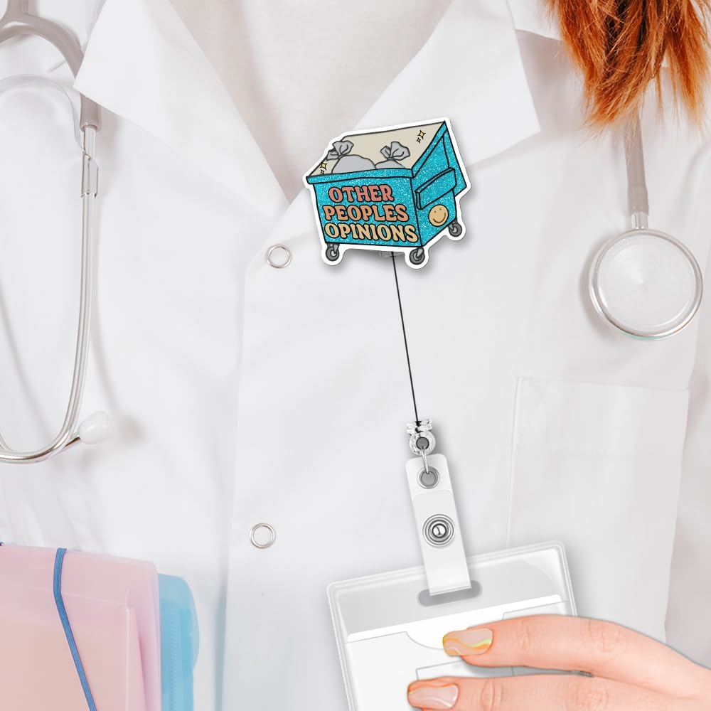 Carrete retráctil con purpurina azul de Other Peoples Opinions, divertido contenedor de tarjetas de identificación, regalo para enfermeras, médicos,