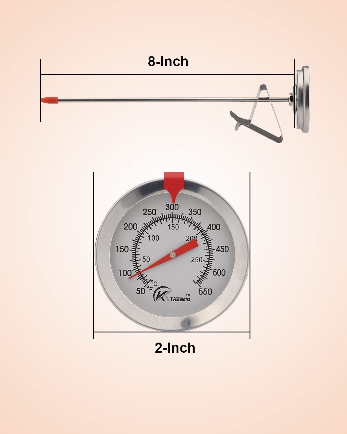 KT THERMO Termómetro de caramelofritura con lectura instantánea, termómetro de aceite (paquete de 2), termómetro de cocina de carne de acero