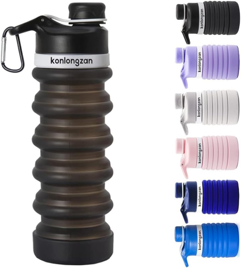 Botella de agua plegable de silicona, botellas de agua plegables de viaje, 18.6 fl oz con mosquetón, botellas de agua deportivas portátiles para