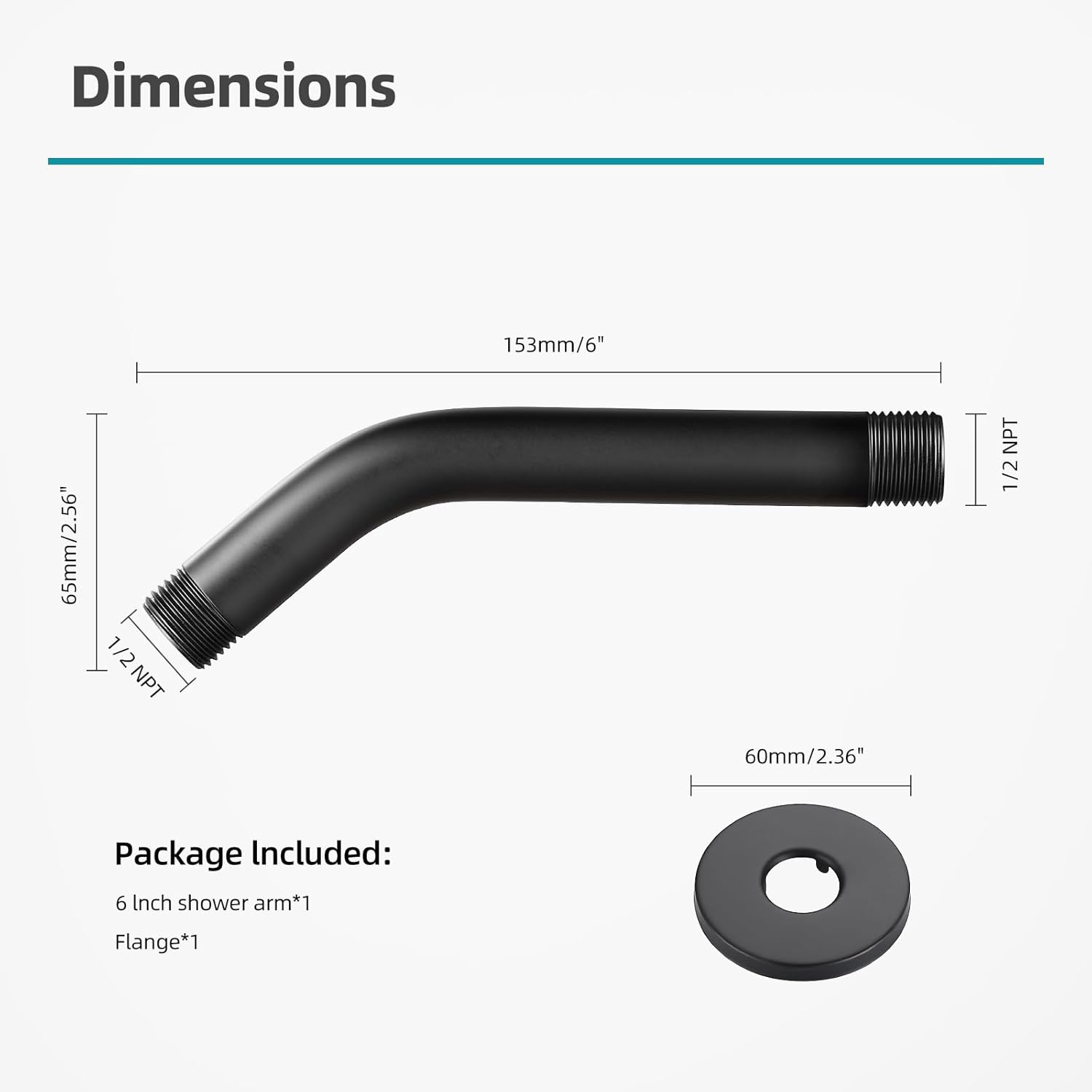 Cobbe Brazo de ducha con brida y cinta de teflón, extensión de brazo de ducha de 6 pulgadas para cabezal de ducha fijo, negro mate