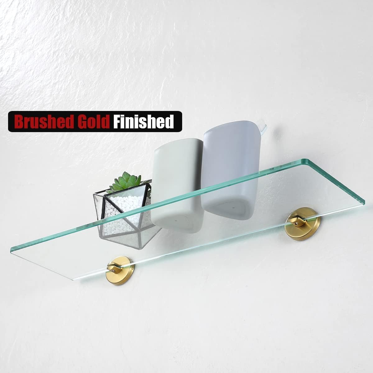 JQK Estante de vidrio para baño dorado, almacenamiento de ducha de vidrio templado de 20 por 5 pulgadas, montaje de pared dorado cepillado de acero