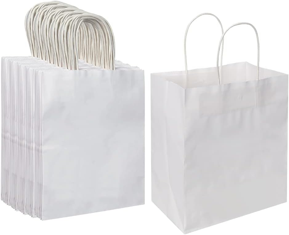 Oikss Cada paquete de 100 bolsas de regalo de papel kraft blanco pequeño y mediano con asas a granel
