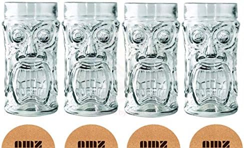 AMZ Empire Screaming Tiki Glasses – Juego de vasos de 16 onzas, 4 piezas, moderno juego de fiesta de bar con púas