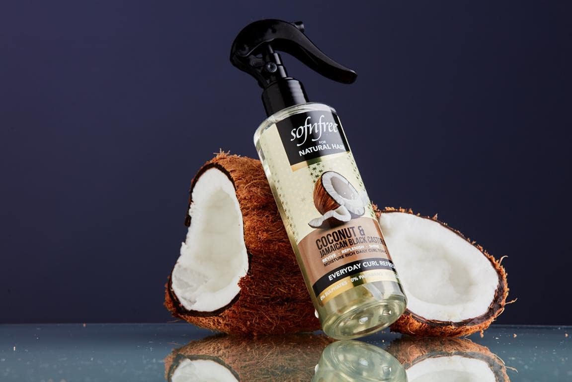 Sofn’free – Spray refrescante de aceite de ricino negro de coco y jamaicano  Volumizador e hidratante diario para peinar cabello seco, rizado o