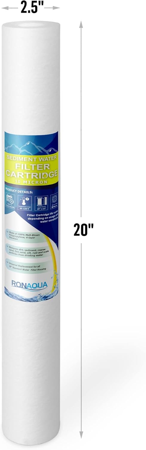 Filtro de sedimento estándar de polipropileno de 10 micrones de filtración de cuatro capas soplado en fusión para toda la casa de 20 x 2.5 pulgadas,