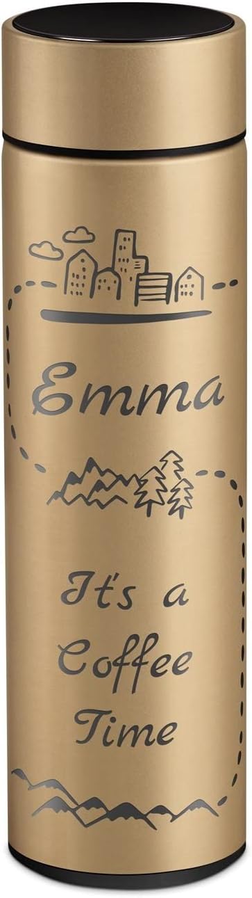 Maverton Taza de viaje con grabado para mujer – Taza térmica personalizada para dama – Infusor de té extraíble – Diseño ligero – Pantalla LED de