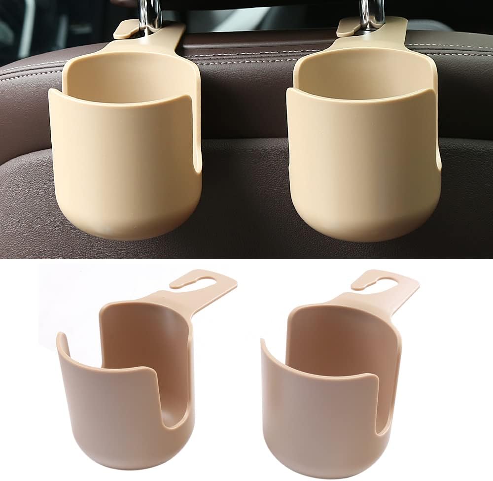 Car Seat Headrest Hook Hanger Storage Organizer Universal with Cup Holder for Handbag fit Universal Vehicle Car (Beige)