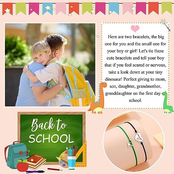 Juego de pulseras de regreso a clases para mamá y yo, pulseras de deseos a juego para el primer día de escuela, pulseras de corazón de dinosaurio,