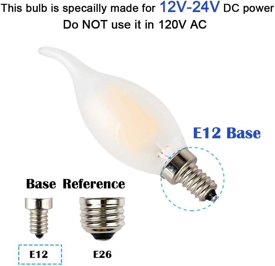 Bombilla LED de bajo voltaje DC 12V 2W para candelabro de 12V-24V CC, 12V CA, color de luz blanca cálida 2700K, base pequeña E12, reemplazo