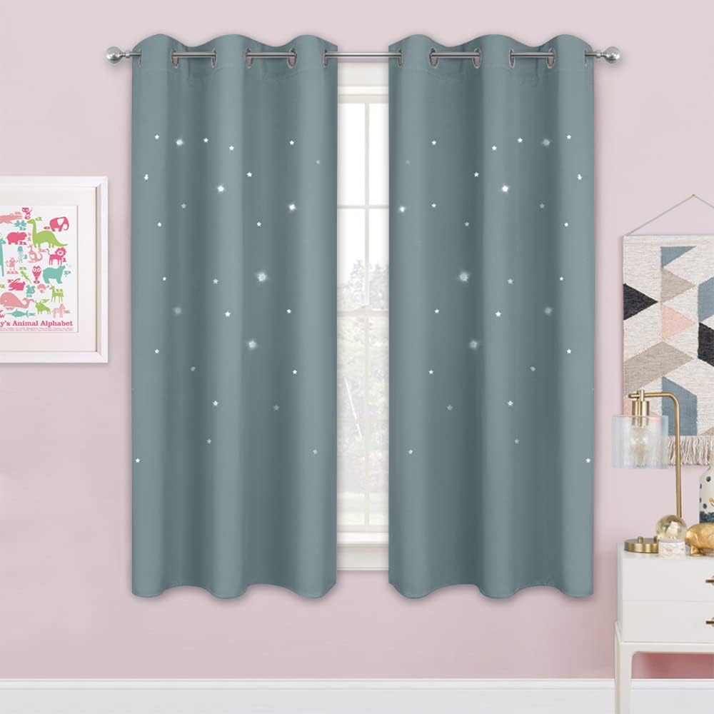 NICETOWN Cortinas opacas para dormitorio de 63 pulgadas de largo, 2 paneles con corte de estrellas para niños, aislamiento térmico, bonitas cortinas