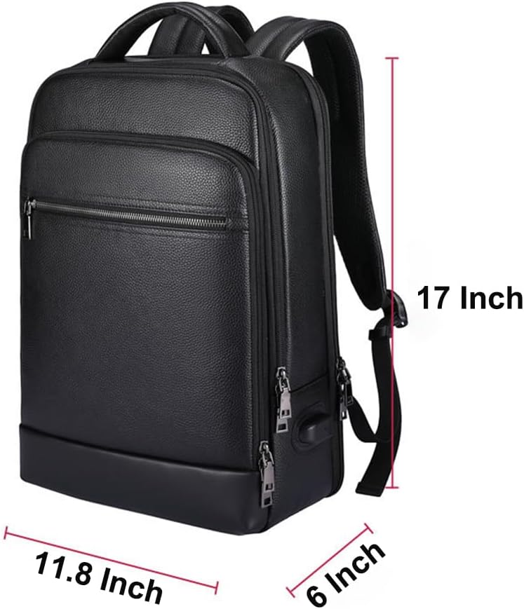Genuine Leather 15.6 Inch Laptop Backpack for Men & Women, Black Business Travel Backpack, Hiking Rucksack Daypack