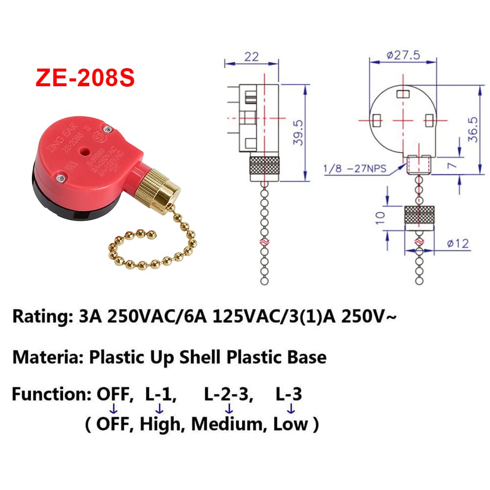 Zing Ear ZE-208s Interruptor de cadena de tracción, interruptor de control de 3 velocidades compatible con ventiladores de techo, lámparas y luces