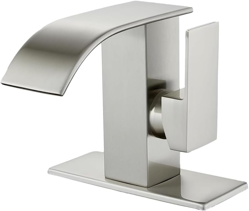 Grifo de lavabo de baño de 1 agujero, cascada de níquel cepillado, mango moderno de un solo agujero, grifos de tocador de baño para fregaderos, 1