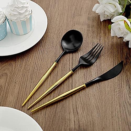 BalsaCircle – Juego de 24 cubiertos desechables de plástico negro y dorado, cuchara, tenedor y cuchillo, suministros de decoración de recepción