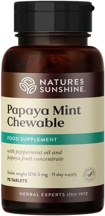Nature’s Sunshine Papaya Mint, 70 tabletas masticables  Mentas naturales con potente papaína que ayuda a digerir las proteínas y proporciona alivio