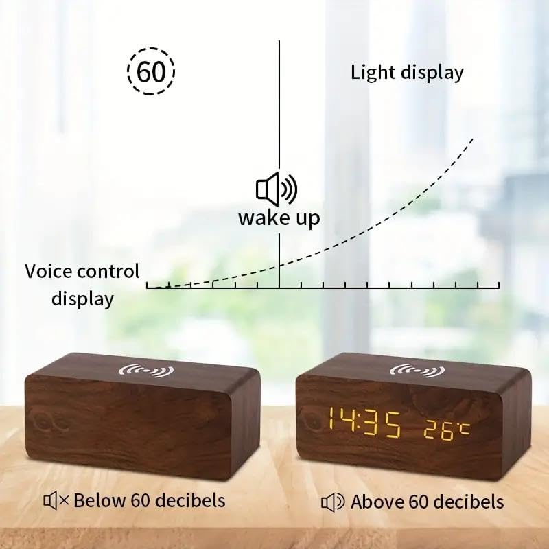 Reloj despertador digital, pantalla LED electrónica de madera, 3 ajustes de alarma, carga inalámbrica de 18 W, día de la semana, detección de