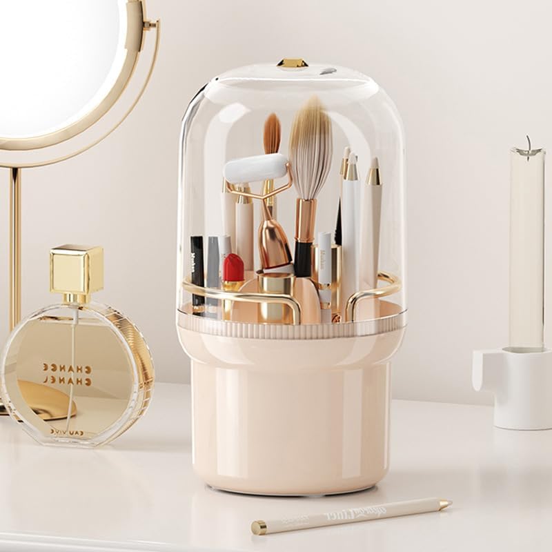 Soporte para brochas de maquillaje, organizador de brochas de maquillaje giratorio de 360 con tapa, almacenamiento de brochas cosméticos a prueba de