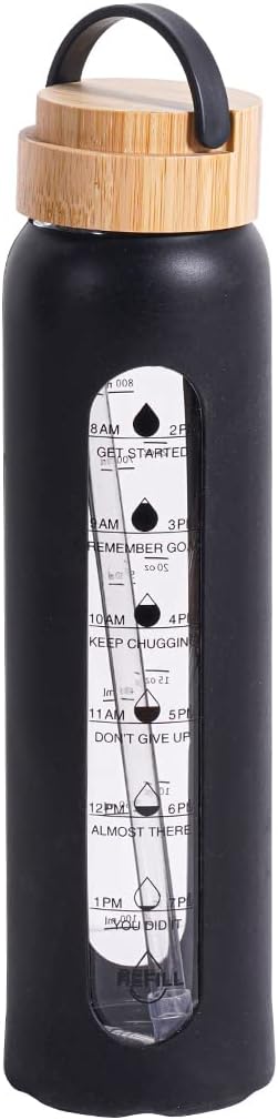 Botella de agua de vidrio de 32 onzas con funda de silicona, tapa de bambú, boca ancha, botella de agua motivacional con marcador de tiempo, popote