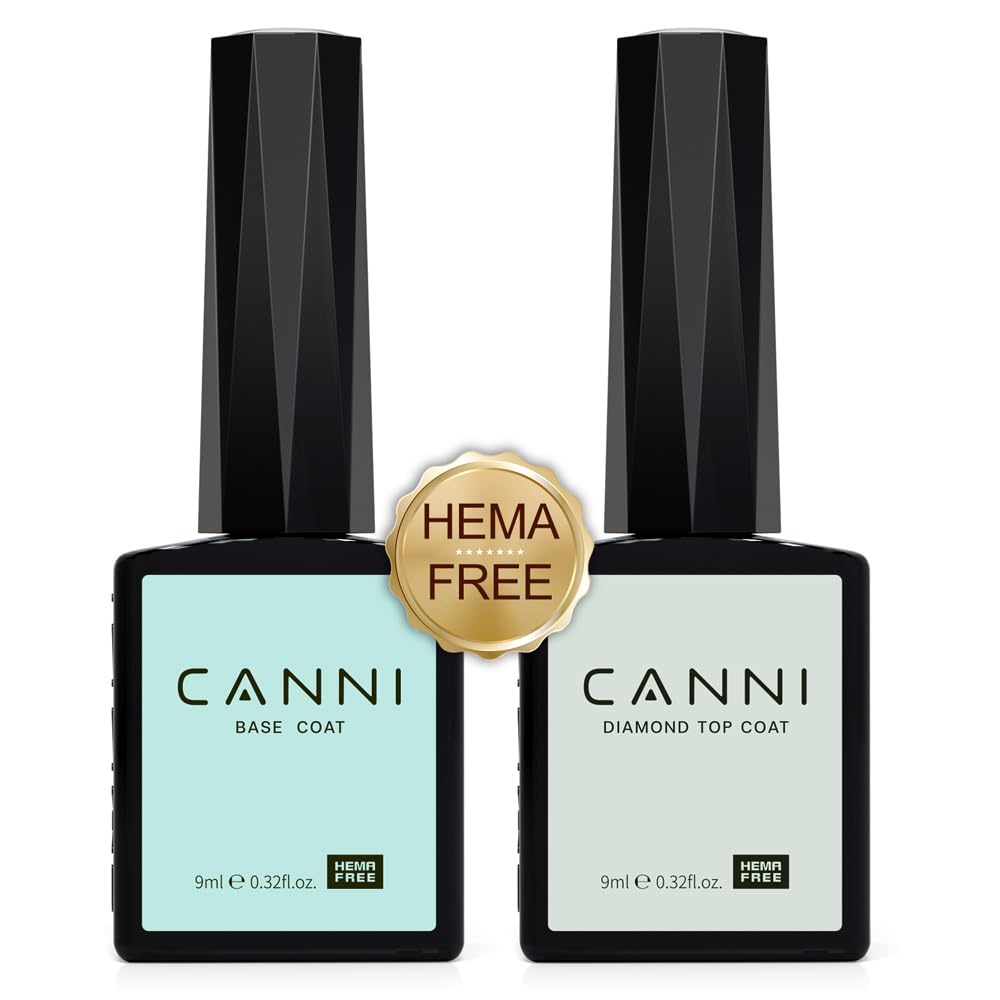 CANNI Juego de 2 esmaltes de uñas de gel sin hema, capa superior de gel sin hema, no se limpia, capa superior brillante y de larga duración, juego