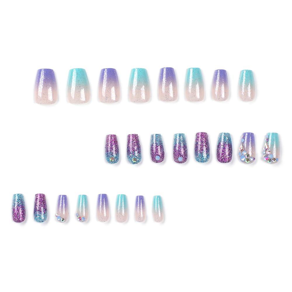 Uñas postizas medianas a presión con diamantes de imitación con purpurina colorida y diseño degradado, uñas postizas acrílicas, uñas artificiales