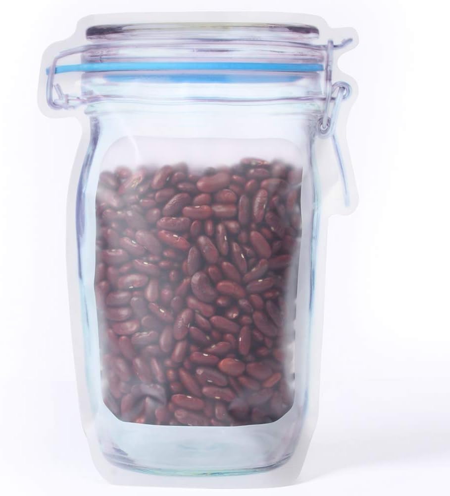 60 bolsas de almacenamiento de 3 colores mixtos para ahorro de alimentos, con patrón de tarro de masón, reutilizables, portátiles, con cremallera,