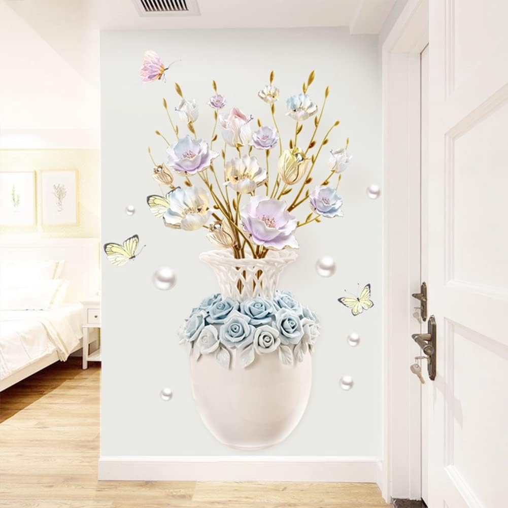 Calcomanías de pared de flores de colores en relieve, jarrón 3D, autoadhesivas, impermeables, papel de pared extraíble, decoración de pared para