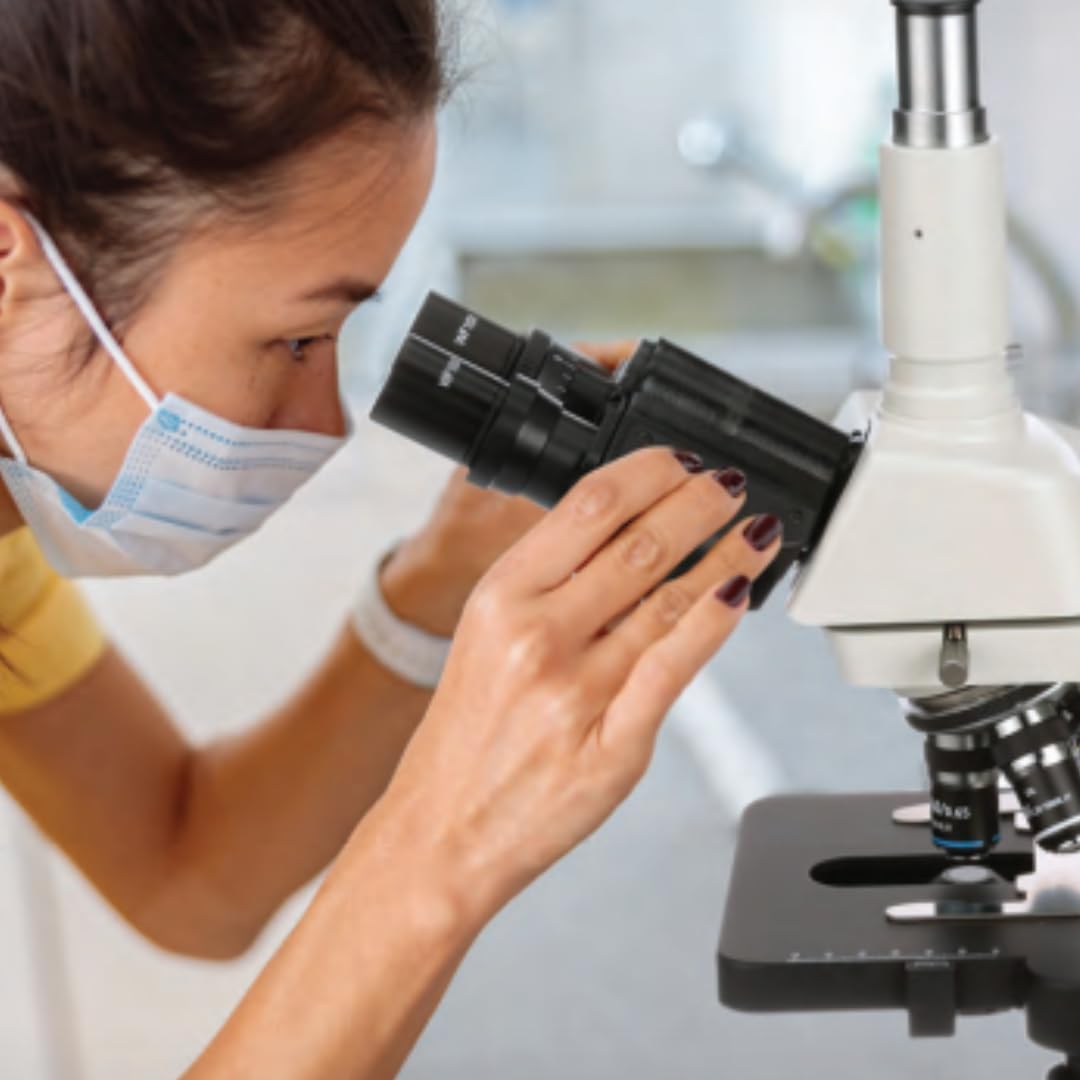 Microscopio compuesto EXC-120 de Accu-Scope – cabeza binocular, aumento 40-1000X, objetivos del acromato, etapa mecánica