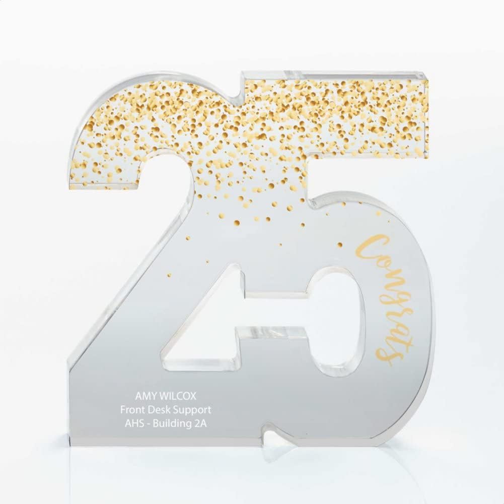 Trofeo acrílico a todo color  Premio al servicio al empleado de 25 años  Transparente  Premio para empleados  Impresión personalizada de hasta tres