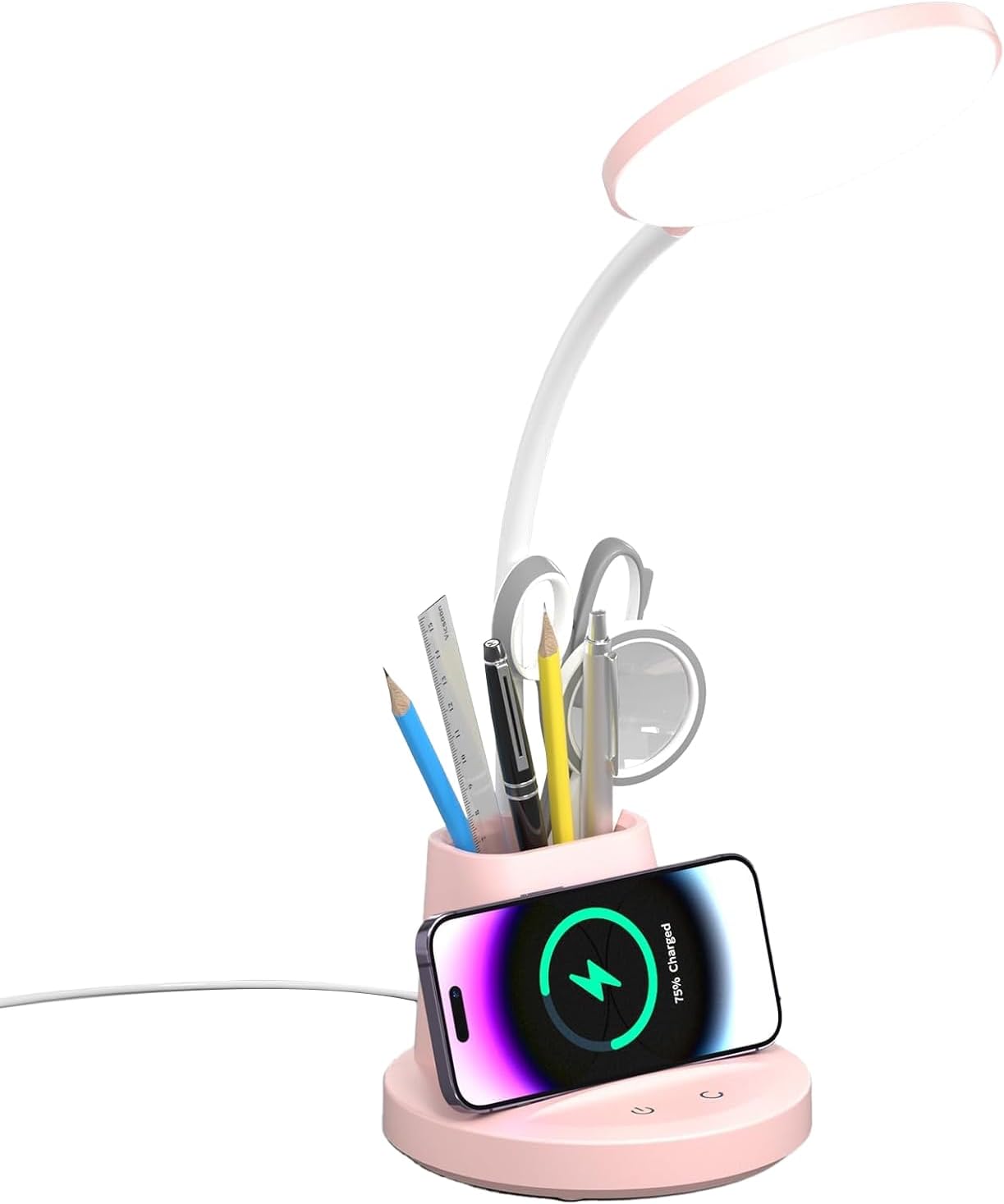 Lámpara LED de escritorio con cargador inalámbrico para oficina en casa, pequeña con soporte para bolígrafo, 800 lúmenes, 3 modos de color, cuello