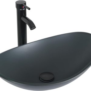 Puluomis Lavabo de vidrio con forma de barco para baño con grifo y drenaje emergente, color gris esmerilado Puluomis Lavabo de vidrio con forma de barco para baño con grifo y drenaje emergente, color gris esmerilado