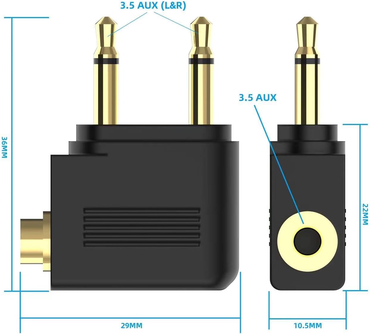 Adaptador de auriculares de avión, adaptador de auriculares de vuelo de 0.138 in, conector de auriculares dual chapado en oro, dos conectores de