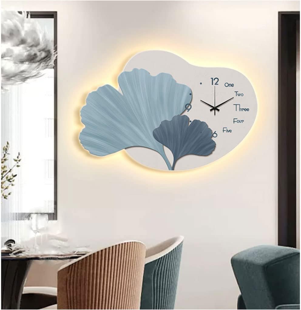 Reloj de pared – Reloj de pared con luz nocturna, silencioso, luminoso, Ginkgo Biloba, arte de pared, pintura decorativa, con control remoto y