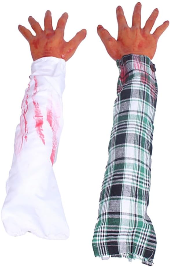 PRETYZOOM 2 piezas de brazo falso de Halloween, manos ensangrentadas rotas, partes del cuerpo de mano dividida, accesorios de miedo, broma para casa