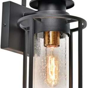 MONKFISH Lámpara de pared negra para exteriores con pantalla de cristal de burbujas, buena lámpara para porches, jardines, terrazas, garajes, MONKFISH Lámpara de pared negra para exteriores con pantalla de cristal de burbujas, buena lámpara para porches, jardines, terrazas, garajes,