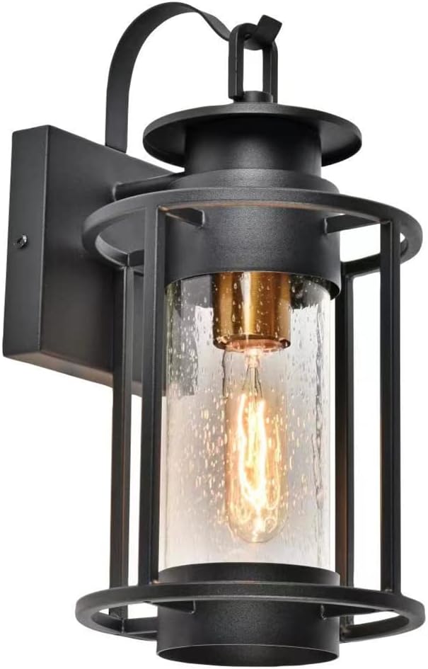 MONKFISH Lámpara de pared negra para exteriores con pantalla de cristal de burbujas, buena lámpara para porches, jardines, terrazas, garajes,