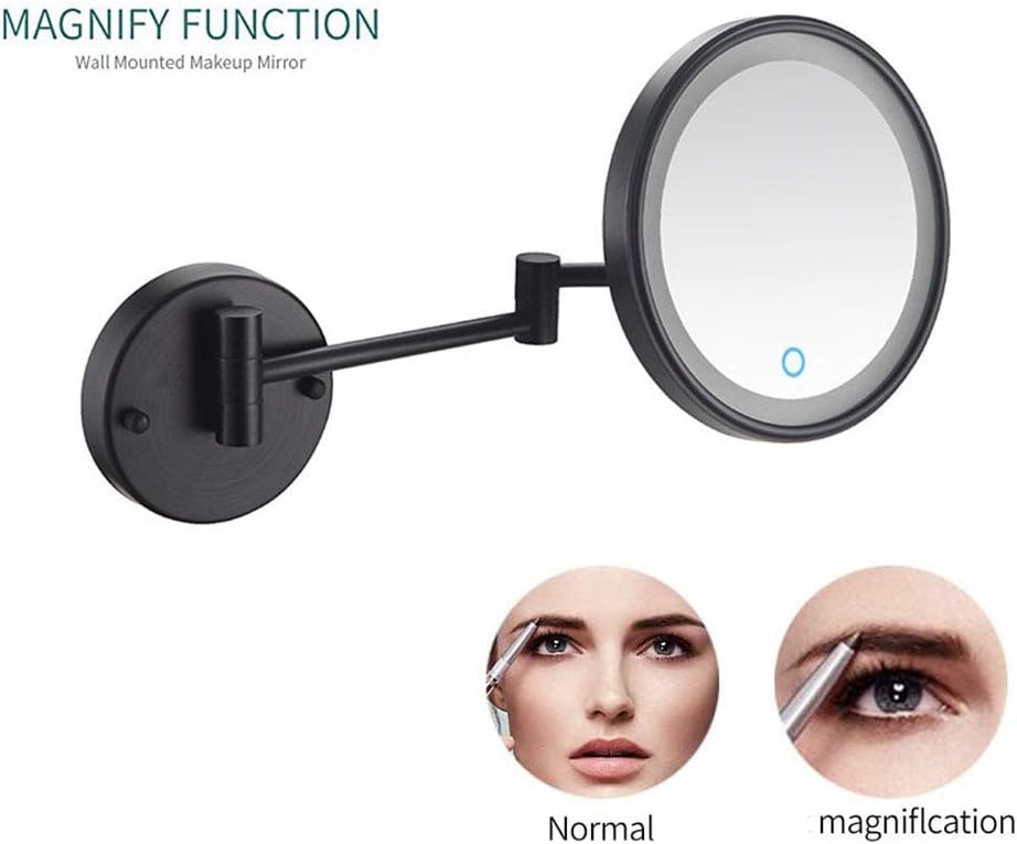 FORTTS Espejo de maquillaje montado en la pared de 8 pulgadas, espejo de maquillaje con luces LED, pantalla táctil, de un solo lado, giratorio de