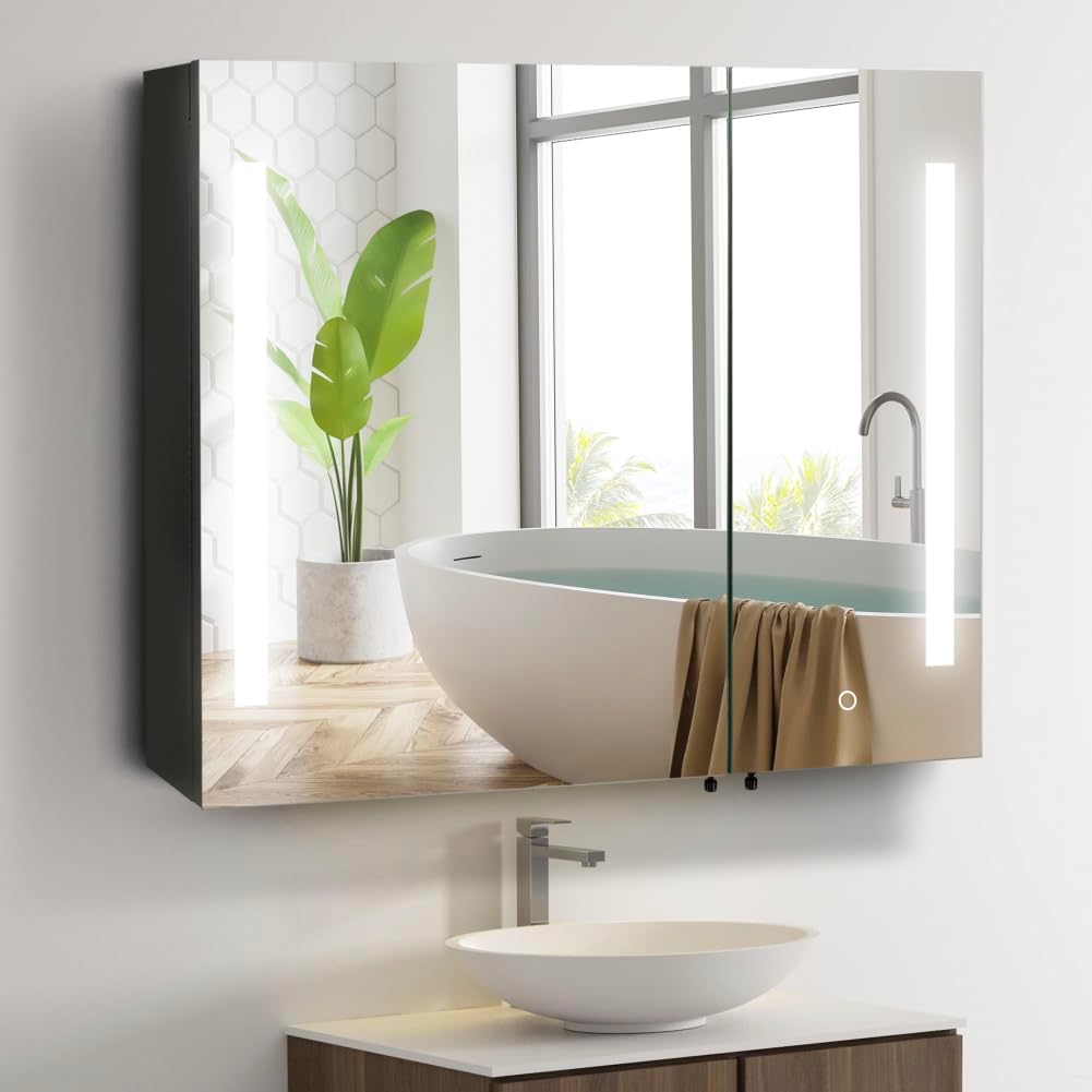 Movo Botiquín iluminado con espejo, 30 pulgadas x 26 pulgadas, espejo LED para baño con luces y almacenamiento, antivaho, regulable, cambio de