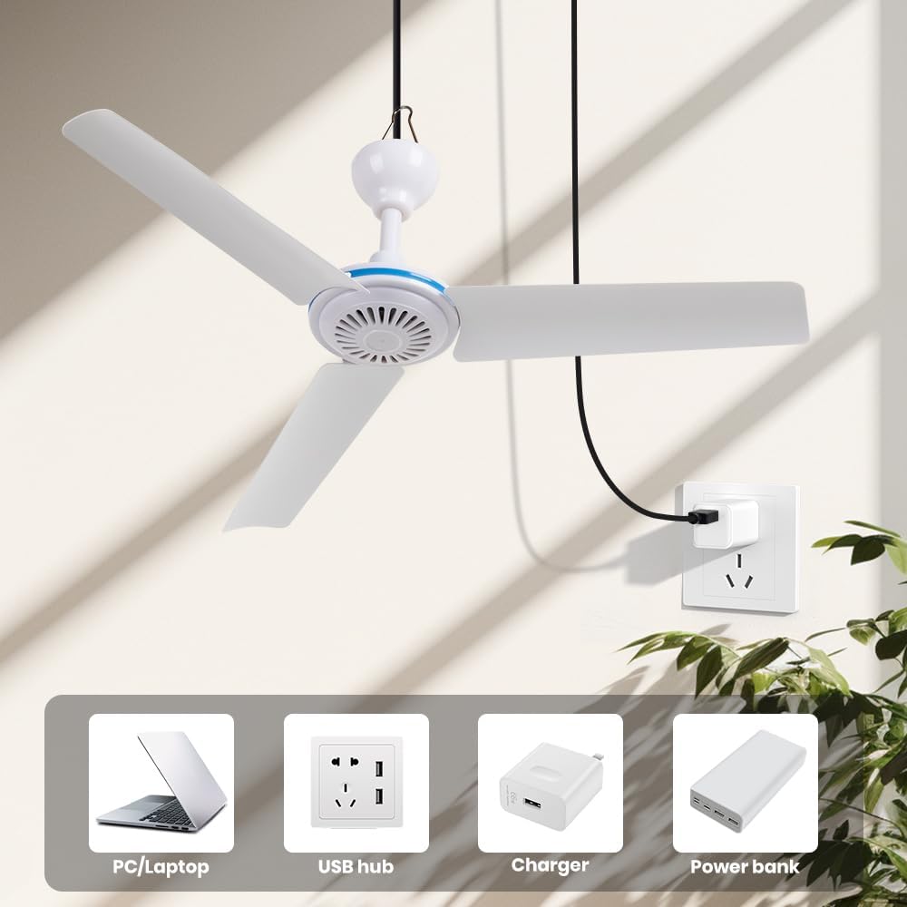 NPKRRSK Ventilador de techo pequeño USB de 19.7 pulgadas, ventiladores colgantes portátiles para banco de energía, interior y exterior, RV, cama,