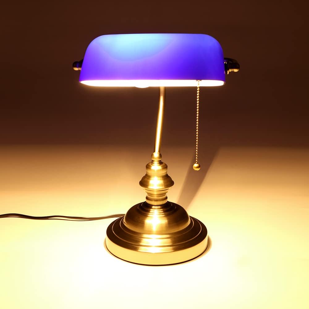 FIRVRE Lámpara de escritorio de cristal azul brillante ejecutiva lámpara de mesa base de acabado bronce con interruptor de cadena de tracción E26