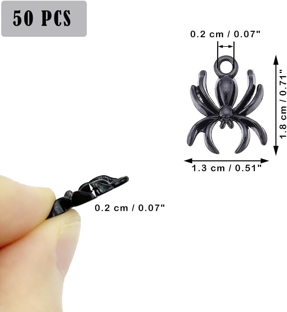 50 cuentas de araña, cuentas de araña de Halloween, aleación de araña negra gótica, cuentas de animales de metal plano para hacer joyas, llavero,