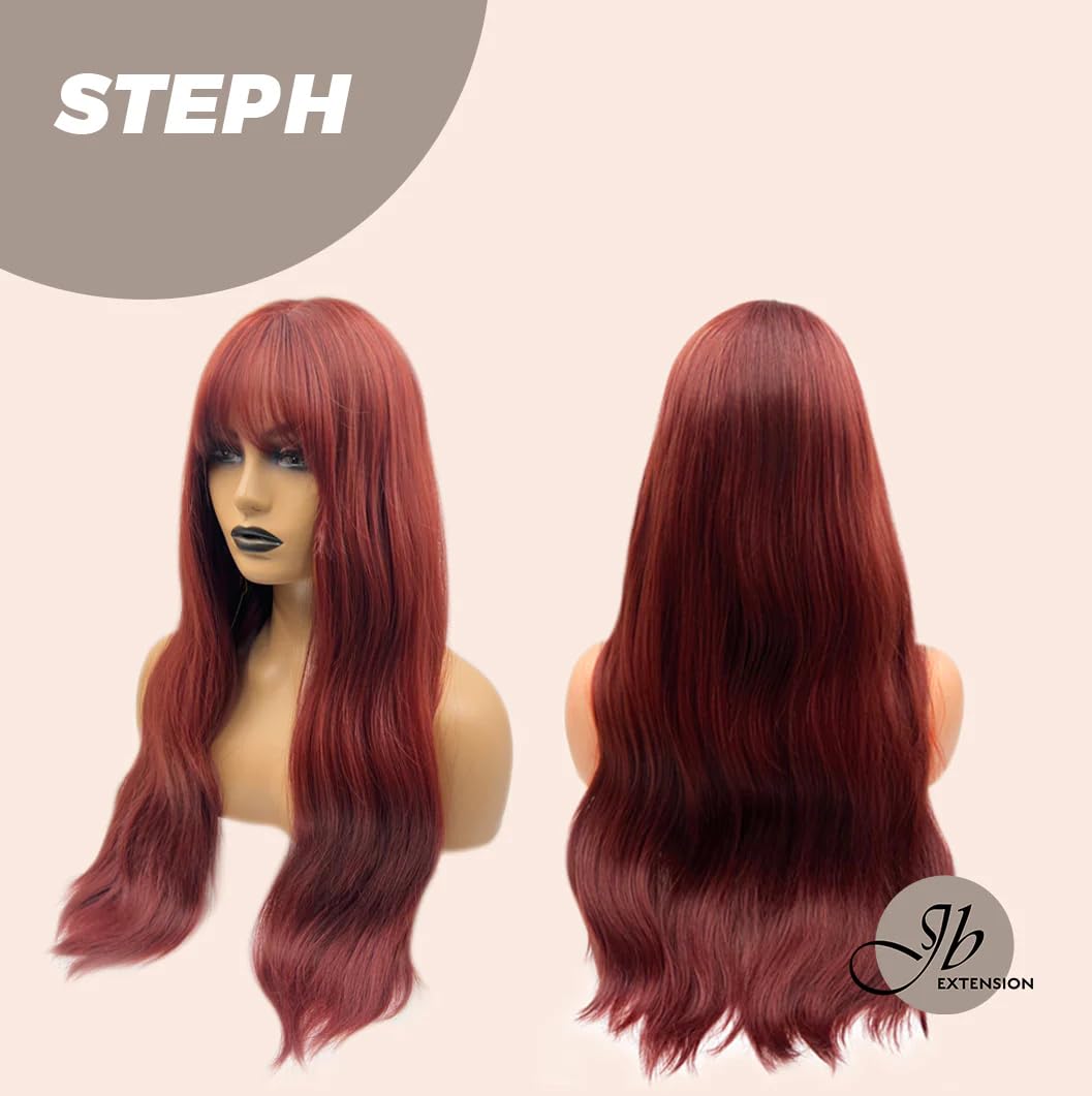 Bodywave – Peluca roja STEPH con flequillo completo, larga, rizada, ondulada, natural, para usar y llevar, sin pegamento, para fiesta, Halloween,