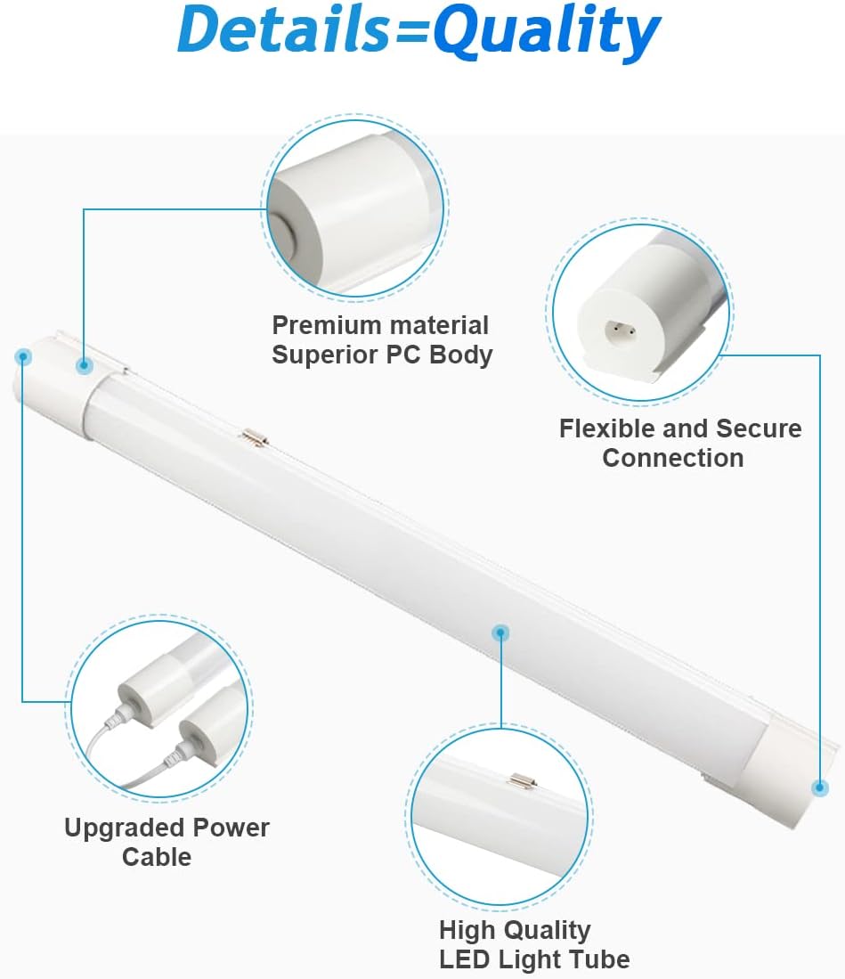 2 lámparas LED de techo de 2 pies con enchufe, luces de tubo de 5000 K debajo del gabinete, luz LED brillante de garaje con interruptor de