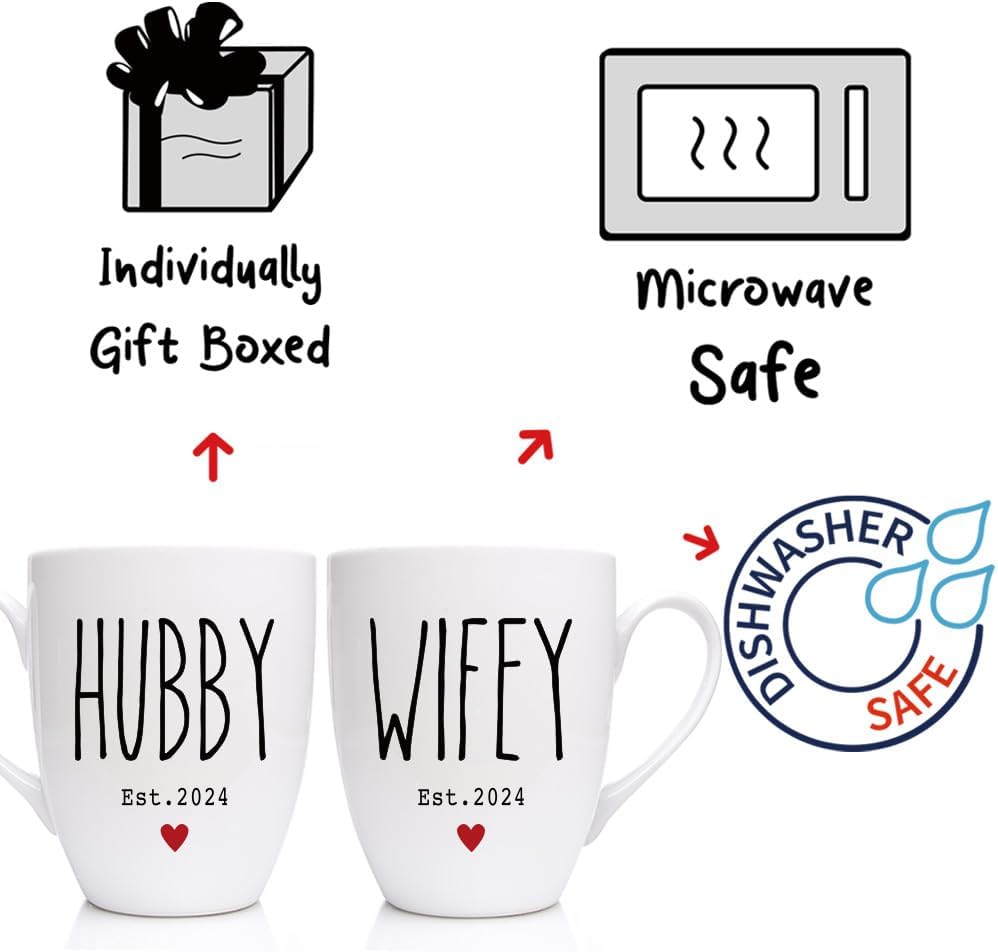 Est 2024 Hubby & Wifey – Juego de 2 tazas de café, juego de tazas de novio para novia, regalo de boda, juego de tazas de café para parejas, juego de