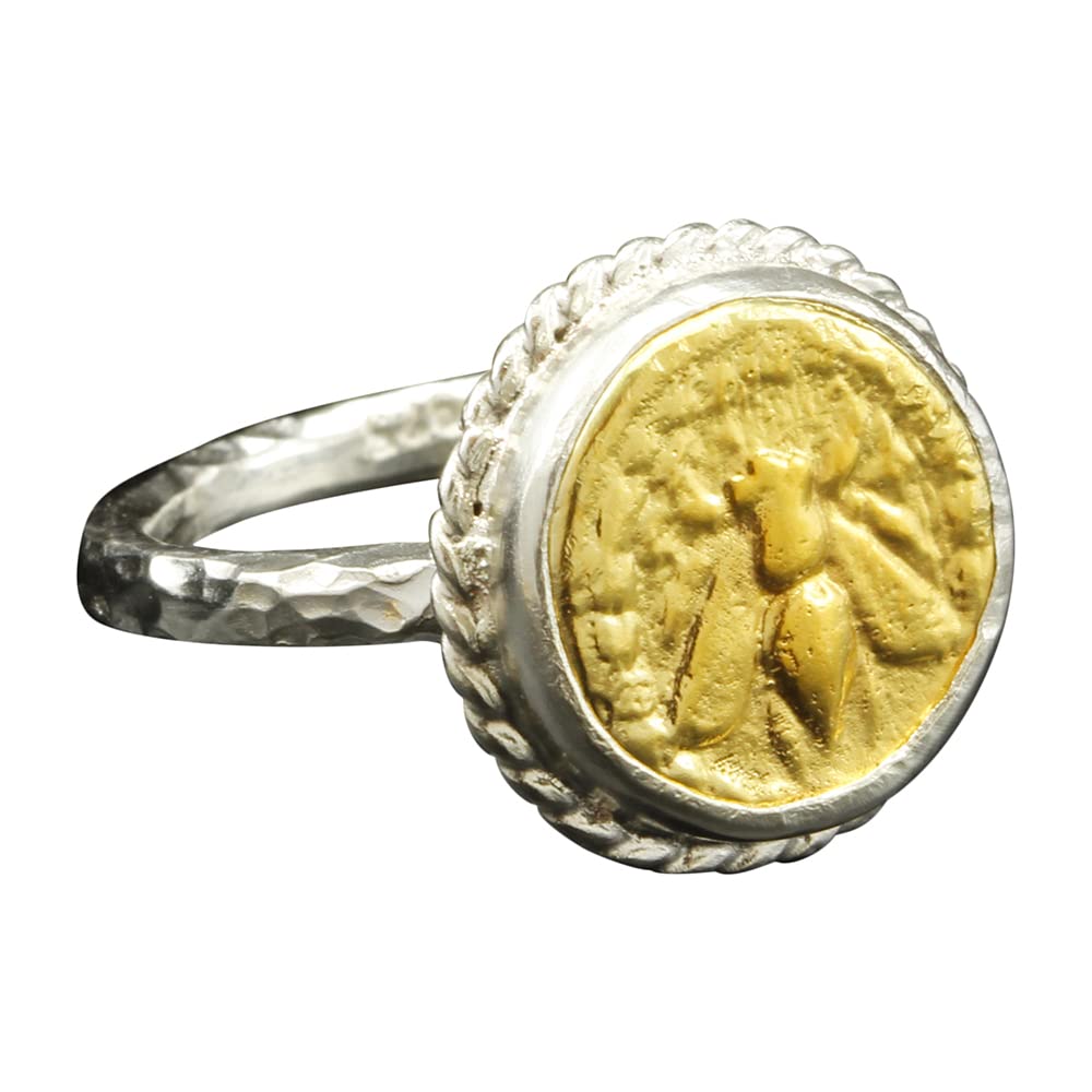 Caprixus 925 Sterling Silver Two Tone Honey Bee 24K Yellow Gold Vermeil Ancient Bumblebee Signet Coin Ring Hammered Rings for Women Designer Fine