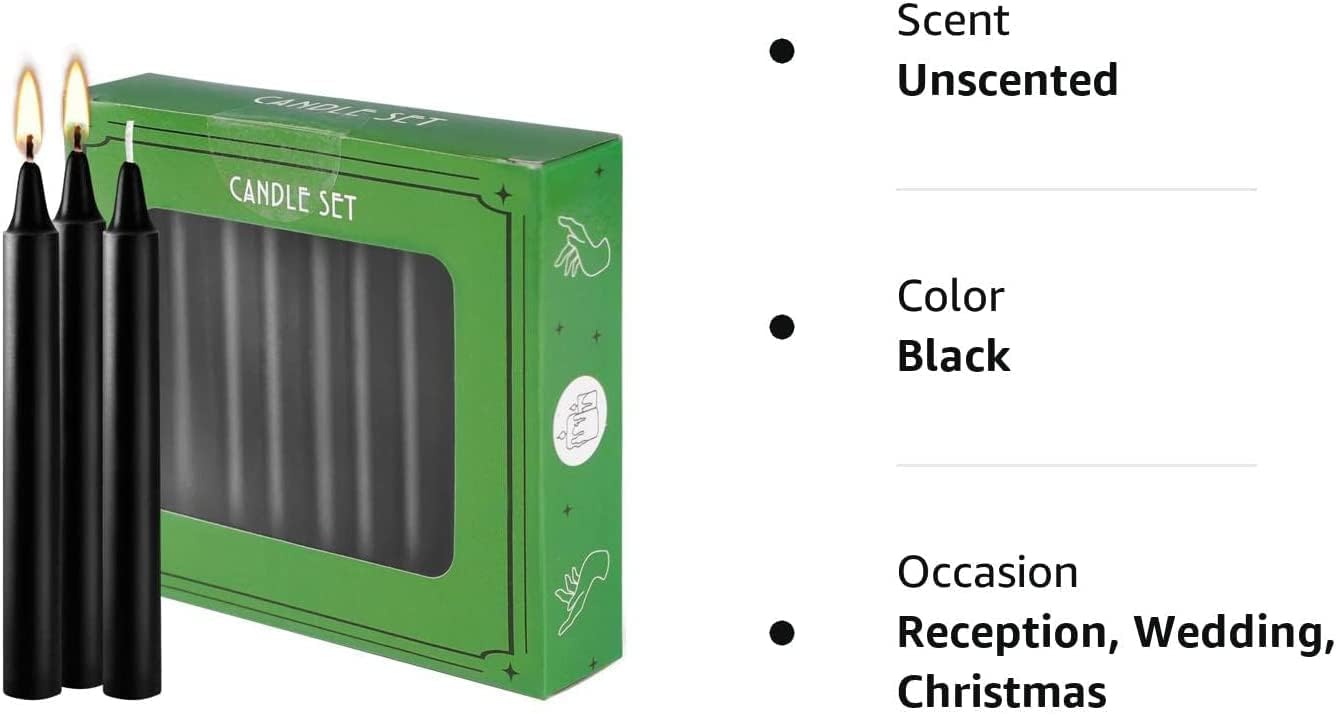 Vela cónica sin goteo de 4 pulgadas (negro), juego de 20 unidades, vela sin humo para Halloween, cena, fiesta, shabat, 1.5 horas