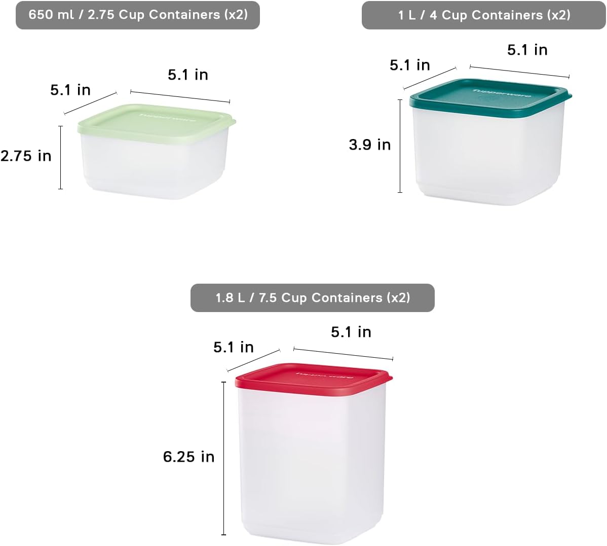 Tupperware Juego de almacenamiento cuadrado apilable, apto para lavavajillas y sin bisfenol A (BPA), (6 recipientes transparentes + 6 tapas de