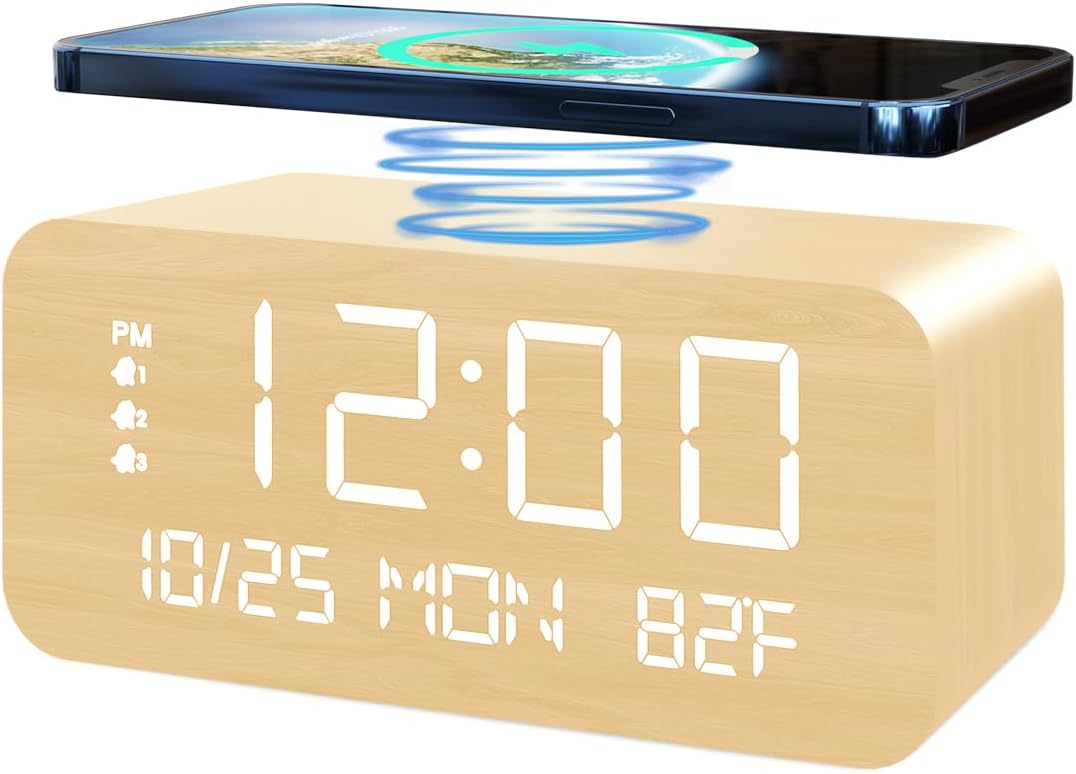 JALL Reloj despertador digital, con pantalla LED electrónica de madera, 3 ajustes de alarma, carga inalámbrica de 10 W, día de la semana, detección