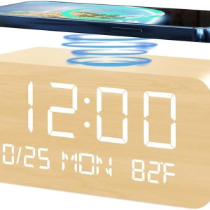JALL Reloj despertador digital, con pantalla LED electrónica de madera, 3 ajustes de alarma, carga inalámbrica de 10 W, día de la semana, detección JALL Reloj despertador digital, con pantalla LED electrónica de madera, 3 ajustes de alarma, carga inalámbrica de 10 W, día de la semana, detección