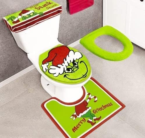 Juego de 4 fundas de asiento de inodoro y alfombra de monstruo verde navideño para interior del hogar, tapetes de baño, alfombra de inodoro en forma